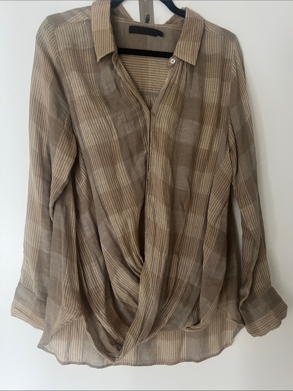 NICHOLAS K Taupe Plaid Draped Button-Down Shirt